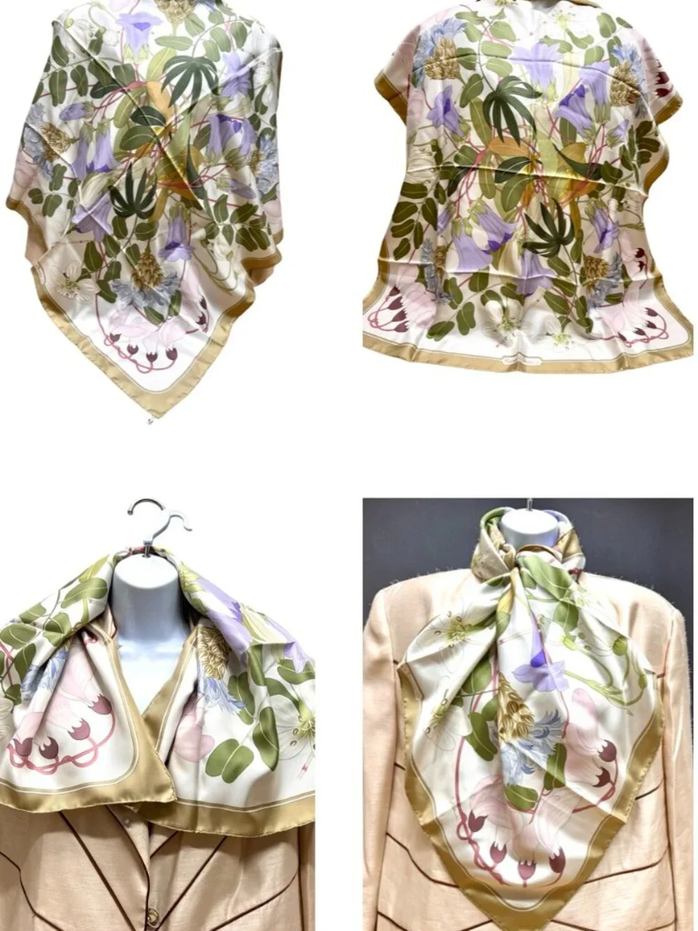 Hermes Paris  Silk  34"Flora Graeca Floral Scarf Pastel Ivery Green Purple (25) - Picture 8 of 16